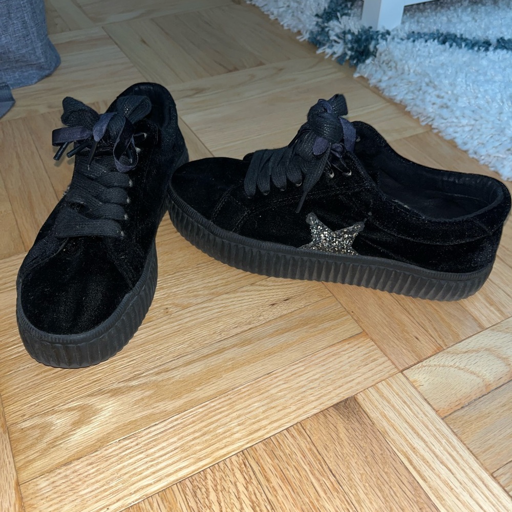 Black Velvet Sneakers with Star Detail